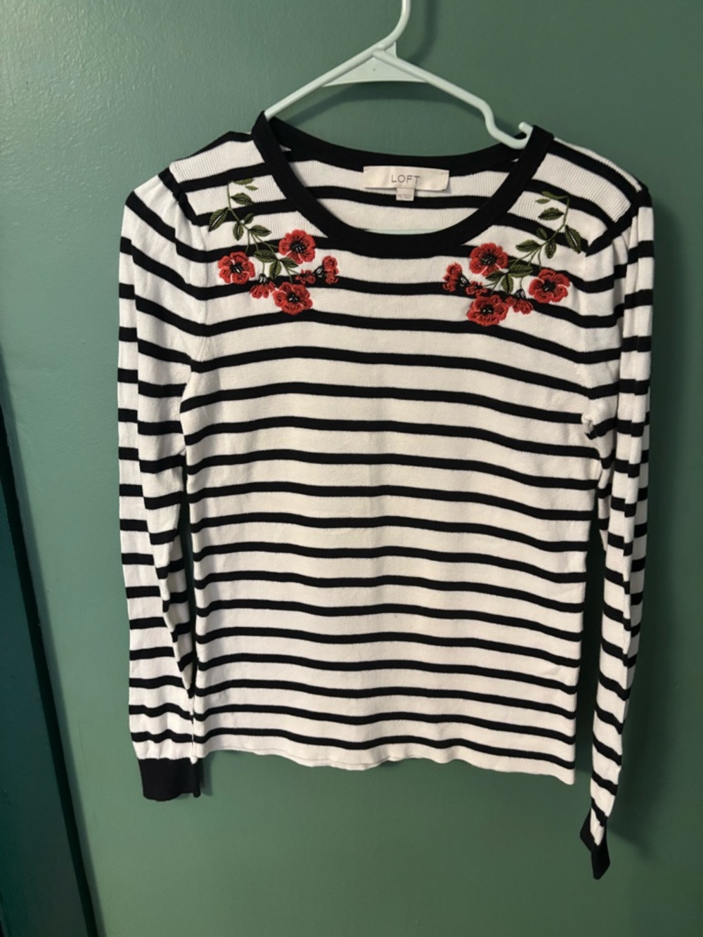 LOFT Black & White Striped Sweater with Red Floral Embroidery